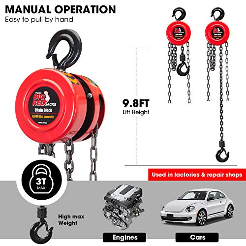 BIG RED TR9030 Torin Manual Hand Lift Steel Chain Block Hoist with 2 Hooks, 3 Ton (6,000 lb) Capacity, Red - color: Red, size: 3 Ton