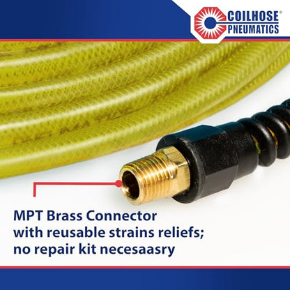 Coilhose Pneumatics PFE40504TY Flexeel Reinforced Polyurethane Air Hose, 1/4-Inch ID, 50-Foot Length with (2) 1/4-Inch MPT Reusable Strain Relief Fittings, Transparent Yellow - color: Transparent Yellow, size: 1/4" X 50 Feet, 1/4" FTG