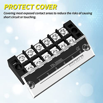 Joinfworld 35A Terminal Block 6 Position Screw Terminal Strip Dual Row with Cover & 6 Position Pre-Insulated Terminal Jumper Block - 2 Pack - style: 35A 6P