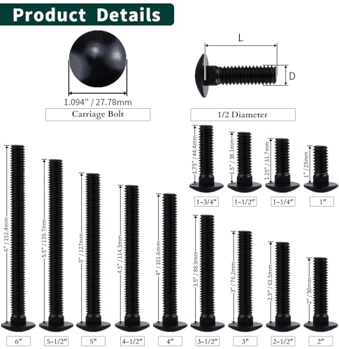 1/2-13 x 1 (8 Sets) Carriage Bolts Black, 304 (18/8) Stainless Steel Carriage Screws with Hex Nuts and Flat Washers, Square Neck Round Dome Head, Coarse Thread - size: 1/2-13 x 1"
