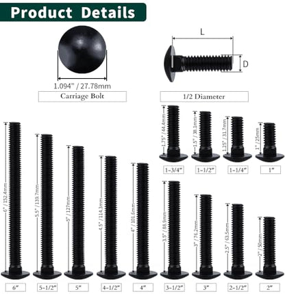 1/2-13 x 1 (8 Sets) Carriage Bolts Black, 304 (18/8) Stainless Steel Carriage Screws with Hex Nuts and Flat Washers, Square Neck Round Dome Head, Coarse Thread - size: 1/2-13 x 1"