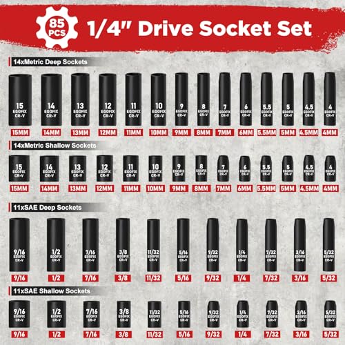 1/4" Socket Set 85 Piece, Metric Shallow/Deep Sockets (4-15mm) and SAE Shallow/Deep Sockets (5/32-9/16), Screwdriver Bit Set, Tool Kit for Home Use and Automotive Repair - color: 1/4-85pcs