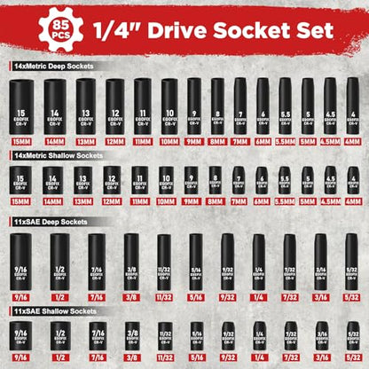 1/4" Socket Set 85 Piece, Metric Shallow/Deep Sockets (4-15mm) and SAE Shallow/Deep Sockets (5/32-9/16), Screwdriver Bit Set, Tool Kit for Home Use and Automotive Repair - color: 1/4-85pcs