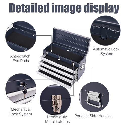 Heavy Duty Metal Tool Box, 21-inch, Portable Metal Tool Box with 4 Drawers, Small Tool Chest with EVA Liners, Ball Bearing Slide Drawers Locking & Powder Coated Finish, Multi-Function Tool Organizer - color: Tool Box-grey
