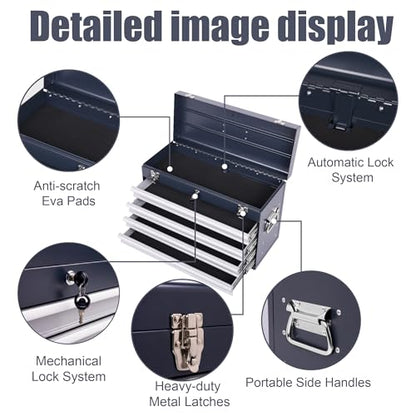 Heavy Duty Metal Tool Box, 21-inch, Portable Metal Tool Box with 4 Drawers, Small Tool Chest with EVA Liners, Ball Bearing Slide Drawers Locking & Powder Coated Finish, Multi-Function Tool Organizer - color: Tool Box-grey