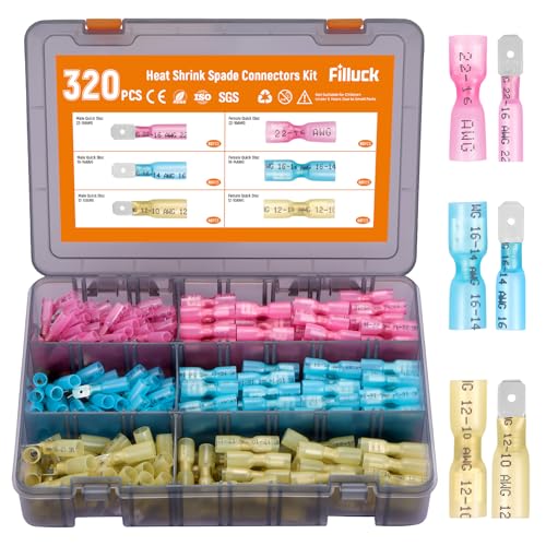 320PCS Heat Shrink Spade Connectors Kit, Waterproof Male & Female Quick Disconnect Electrical Wire Terminals, 22-10 AWG Insulated Crimp Spade Set for Marine Automotive Audio Wiring