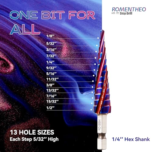 Four Spiral Flute Cobalt Step Drill Bit(Pro),M35 High Speed Steel,1/4" Hex Shank Step Bits for Metal, Stainless Steel, Aluminum, Plastic,1/8" - 1/2"(13 Step Size) - size: 1/8" - 1/2"
