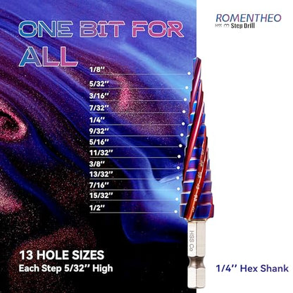 Four Spiral Flute Cobalt Step Drill Bit(Pro),M35 High Speed Steel,1/4" Hex Shank Step Bits for Metal, Stainless Steel, Aluminum, Plastic,1/8" - 1/2"(13 Step Size) - size: 1/8" - 1/2"