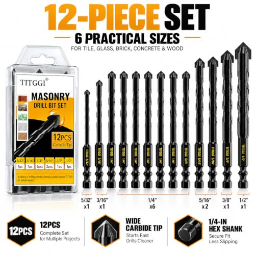 12Pcs Wide-Tip Masonry Drill Bit Set & Concrete Drill Bit Set, 5/32"-1/2" - size: 12 pcs 5/32"-1/2" Masonry Drill Bit Set
