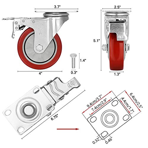 4 in Heavy Duty Casters,1800 lb Set of 4,Locking Swivel Wheels - size: 4 inch