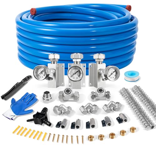 3/4" × 100ft Pressure Gauge Shop Air Line Kit, HDPE-Aluminum Compressed Air Line kit for Garage with Tee & Elbow Fittings, Rapid Air System for Air Compressor, Leak-Proof & Easy Installation - size: 3/4"×100FT