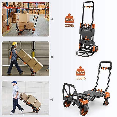 Folding Hand Truck Dolly, 330lb Convertible 4 to 2 Wheel Moving Cart,Orange - size: 330LB Orange