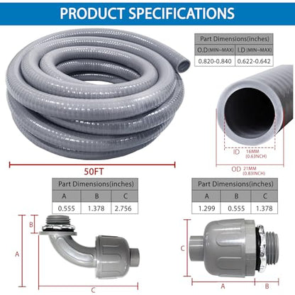 Liquid-Tight Conduit 50 ft 8 Pieces Connector Kit,Electrical Conduit 1/2 - size: 1/2IN,50FT