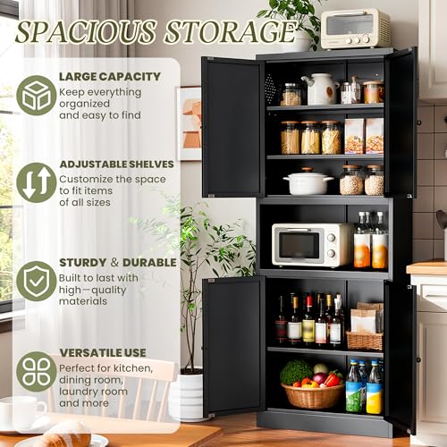 AQY Metal Pantry Cabinet, 72" Black Kitchen Storage Cabinet with Doors - color: Black, style: H72" - 4 Doors Wire Hole Hooks & Vents