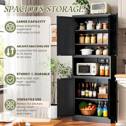 AQY Metal Pantry Cabinet, 72" Black Kitchen Storage Cabinet with Doors - color: Black, style: H72" - 4 Doors Wire Hole Hooks & Vents