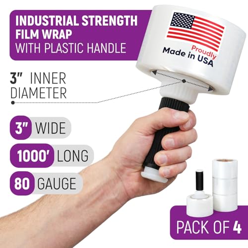 3" x 1000' Industrial Strength Stretch Wrap, Ready to Use Pack of 4 Mini Rolls with one Handle, Clear Plastic Film, 80 Gauge Thick, 500% Elongation – Heavy-Duty Shrink Wrap for Moving, Packing - style: Pack of 4