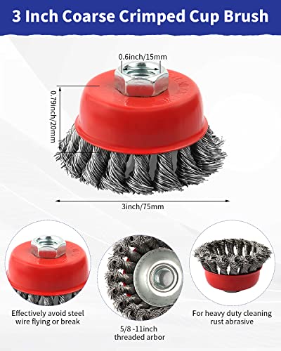 Rocaris 3 Pack Wire Wheel Brush for Angle Grinders,4 Inch Wire Brush for 4 1/2 Angle Grinder,4 Inch & 3 Inch Twist Knotted Wheels with 5/8" Thread Arbor for Removing Rust - style: 1*3” Cup Brush + 2*4” Wheel Brush