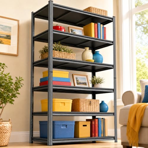 Black Metal 6 Tier Shelving Unit, Industrial Bookshelf Book Case Storage Rack for Living Room Bedroom Office Kitchen, Heavy Duty Steel Display Shelf Organizer for Books, Free Standing Tiered Shelves - size: 6Tier-35.4"Wx15.7"Dx77.4"H