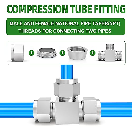 TAISHER 2PCS 304 Stainless Steel Compression Tube Pipe Fitting Connector, 1/2" Tube OD Tee Adapter - size: 1/2" OD Tee