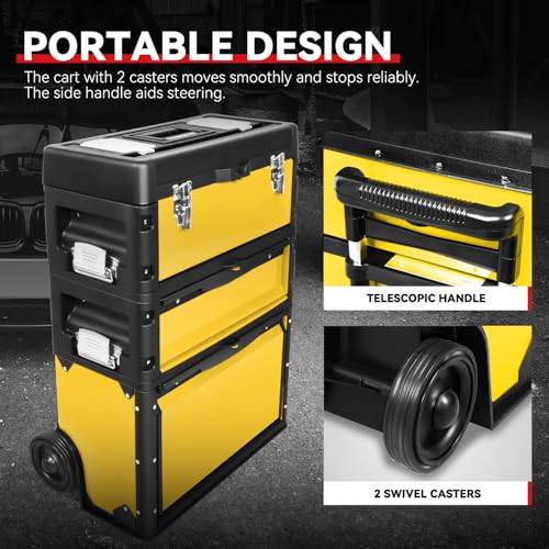 Auto Dynasty 3-Tier Rolling Trolley Tool Box Stackable w/Wheels, Yellow - color: Yellow