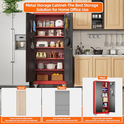 Aobabo Metal Garage Storage Cabinet with Wheels, 34" W x 18" D x 71" H,Red - color: Black Red, size: 18"D x 34"W x 71"H