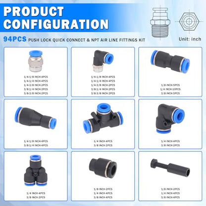 94 Pcs Quick Connect Air Line Fittings Kit Pneumatic Air Fittings - color: Black-94PCS