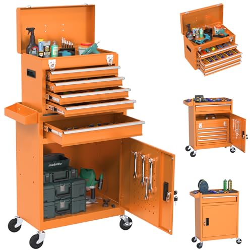 Rolling Tool Box with Wheels, 5-Drawer High Capacity Tool Chest with Wheels, Removable Storage Toolbox with Lock for Garage, Workshop (Orange) - color: Orange, size: 5-drawer