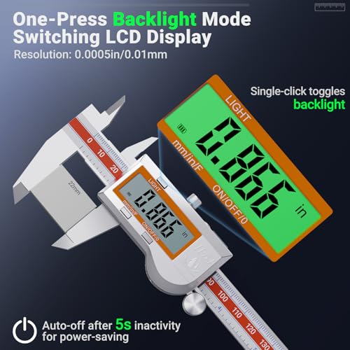 Preciva Digital Caliper Measuring Tool, Stainless Steel Digital Micrometer Vernier Caliper, with Backlight LCD, Auto-Off Feature, IP54 Splash Proof Protection and Inch Metric Conversion 6 Inch/150 mm