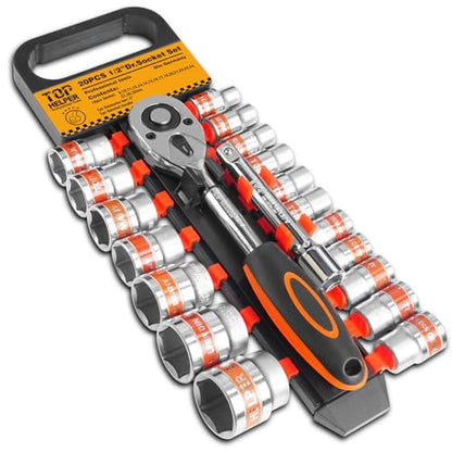 20 PCS 1/2" Drive Metric Socket Wrench Set,1/2 Reversible Ratchet Handle，6 Point Shallow Sockets (8-32mm) and Extension Bar 5", CR-V Steel, Car Repair Set - size: Pro 20p 12.7 Mm Drive (8 - 32 Mm)