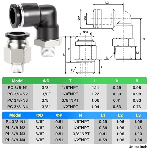 TAILONZ 3/8" x 1/8" NPT Push to Connect Straight & Elbow Fitting Kit 12Pcs - size: 3/8"OD x 1/8"NPT