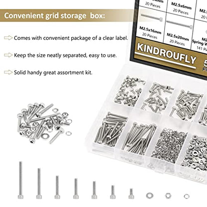 562 Pieces M2.5 x 4/6 /8/10 /12/16 /20mm Hex Socket Head Cap Screws Nuts Washers Assortment Kit, 304 Stainless Steel, Fully Machine Thread - size: M2.5, style: Socket Head