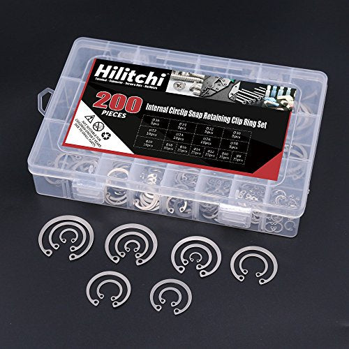 Hilitchi 200-Pcs [15-Size] Internal Circlip Snap Retaining Clip Ring Assortment Set - 304 Stainless Steel