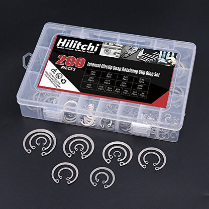 Hilitchi 200-Pcs [15-Size] Internal Circlip Snap Retaining Clip Ring Assortment Set - 304 Stainless Steel