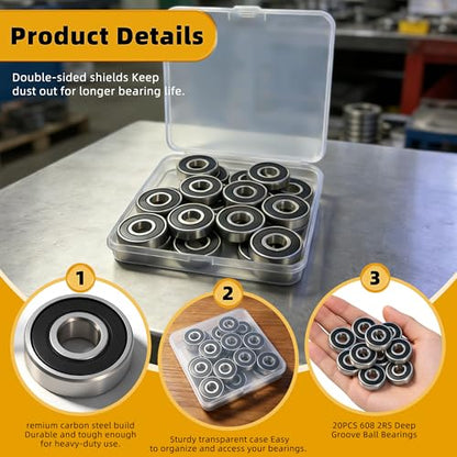 20PCS 608 2RS Deep Groove Ball Bearings Steel 8mm x 22mm x 7mm Miniature Ball Bearing Double Rubber Sealed Bearings Pre-Lubricated Small Bearings for 3D Printers - size: 608 2RS