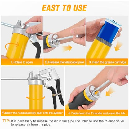 GOOACC Grease Gun Heavy Duty Pistol Grip Grease Gun Kit with Quick Release Coupler 18" Spring Flex Hose Normal Coupler, 8000PSI 14oz Grease Guns Tool for Automotive Farm Industrial Marine, Yellow 4PCS - size: Manual 14oz Yellow 4PCS