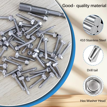 mxuteuk #8×1/2" Self Tapping Screws for Metal,410 Stainless Steel Self Drilling Screws,Hex Washer Head Sheet Metal Screws Suitable for Wood, Metal or Tough Materials (230PCS) - size: SV-#8 ×1/2