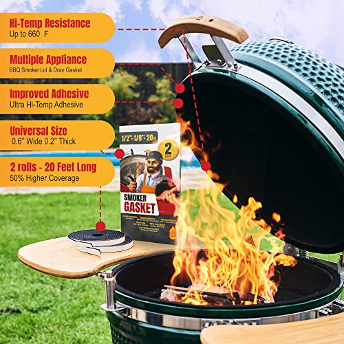 XXL 20 FT Grill Gasket for Smokers - Black 1/2’’ x 1/8’’ Hi Temp Seal Smoker Gasket – 2-Pack x 10 FT Self Stick Black Nomex Fire Tape for BBQ Lid – High Heat Temperature Material Replace - style: Universal Gasket - 20 FT