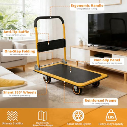 Heavy Duty Foldable Push Cart Dolly with 660 LBS Capacity - Collapsible Platform Truck with Swivel Wheels, Flat Bed Moving Wagon & Space Saving Handles - color: 660lbs-yellow