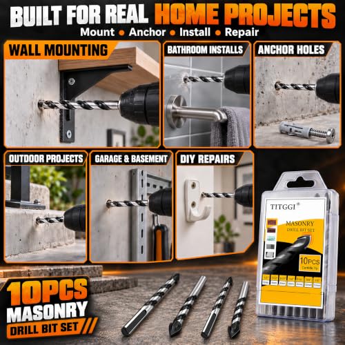 10-Piece Masonry Drill Bit Set & Concrete Drill Bit Set, 7 Sizes, 1/8"-1/2" - size: 10 pcs 1/8"-1/2" Masonry Drill Bit Set