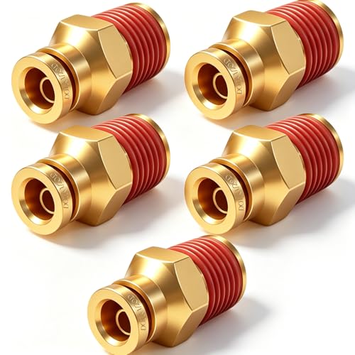 1/2" DOT Push to Connect Air Fittings, Brass 1/2" Tube OD x 3/8" NPT Male Straight Adapter, Quick-Connect Fittings for Air Suspension, Truck Trailer & Air Brake System (5-Pack) - size: 1/2"OD × 3/8"NPT Thread