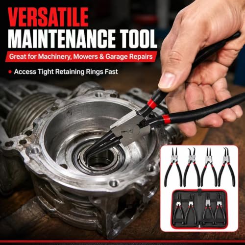 4PC 7" Snap Ring Pliers Set, Internal/External Circlip Pliers Kit with Straight+Bent Jaw Tips, Heavy Duty C Clamp Pliers for Automotive Tools