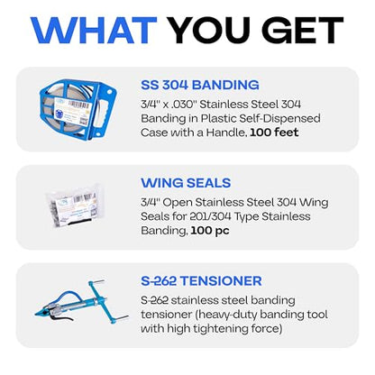 IDL Packaging 3/4" Stainless Steel 304 Banding Kit – Heavy-Duty Banding Tool + 3/4" x 0.03" x 100' Stainless Steel 304 Banding Coil + 100 Stainless Steel Wing Seals - size: 3/4" x 0.03" x 100', style: SS 304 + Seals