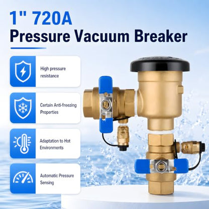 1 Inch Backflow Preventer, Brass Pressure Vacuum Breaker Assembly, 400 PSI Sprinkler Backflow Valve for Lawn Irrigation, Garden Water Lines and Outdoor Anti-Siphon Protection - size: 1Inch