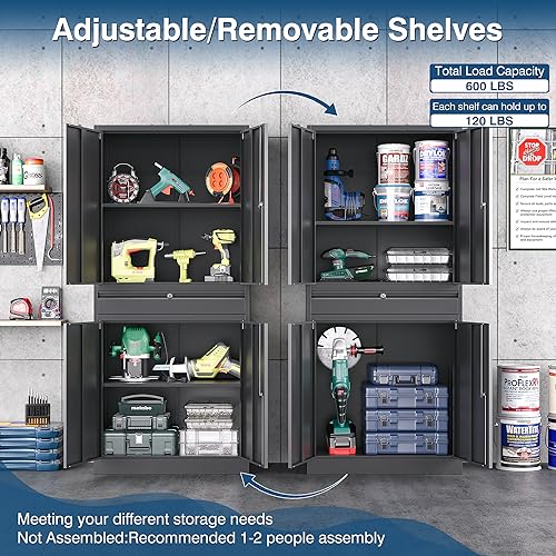 Metal Garage Storage Cabinet with Lock, Tool Cabnets with 1 Drawer - color: Black, size: 71"H x 32"W x 16"D-W