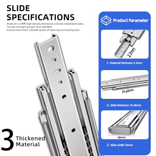 SLIDEWAY 500Lbs Heavy Duty Drawer Slides 18" Full Extension Long Rails - color: W:76mm-500LBS(without lock), size: 18 Inch
