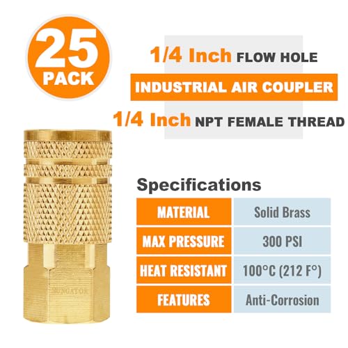 SUNGATOR 1/4" Air Hose Fittings, 25-PCS Brass 1/4" FNPT Industrial Coupler - size: 1/4'' Female, style: 25 Pack