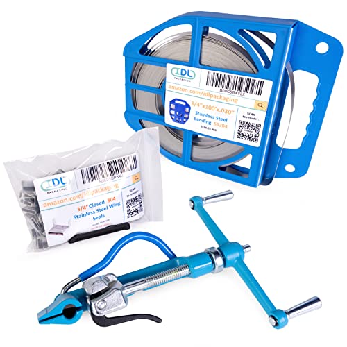 IDL Packaging 3/4" Stainless Steel 304 Banding Kit – Heavy-Duty Banding Tool + 3/4" x 0.03" x 100' Stainless Steel 304 Banding Coil + 100 Stainless Steel Wing Seals - size: 3/4" x 0.03" x 100', style: SS 304 + Seals