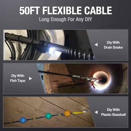 50FT Dual Lens Endoscope with Light, Teslong MS450 Drain Pipe Snake Camera - size: 50FT