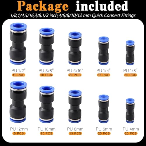 180 Pcs Push-to-Connect Air Hose Fittings Assortment Kit,Quick Connect Hose Fittings 1/8" 1/4" 5/16“ 3/8" 1/2" and 4 6 8 10 12mm Pneumatic Quick Connectors