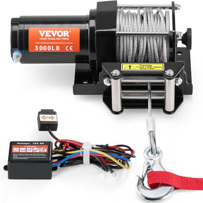 VEVOR ATV Winch, 3000 lb Electric Winch, 12V Small ATV UTV Winch with 3/16 in x 39 ft Steel Cable Roller Fairlead Wired Remote Control, IP55 Waterproof for Towing UTV ATV Car Vehicle Off-Road - size: 3000 LBS